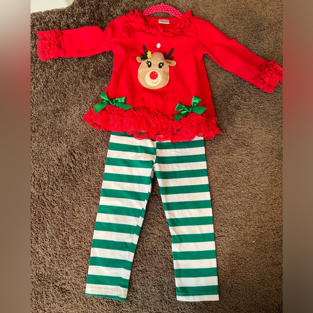 Girl holiday Christmas outfit, reindeer shirt. Size S (2-3T).